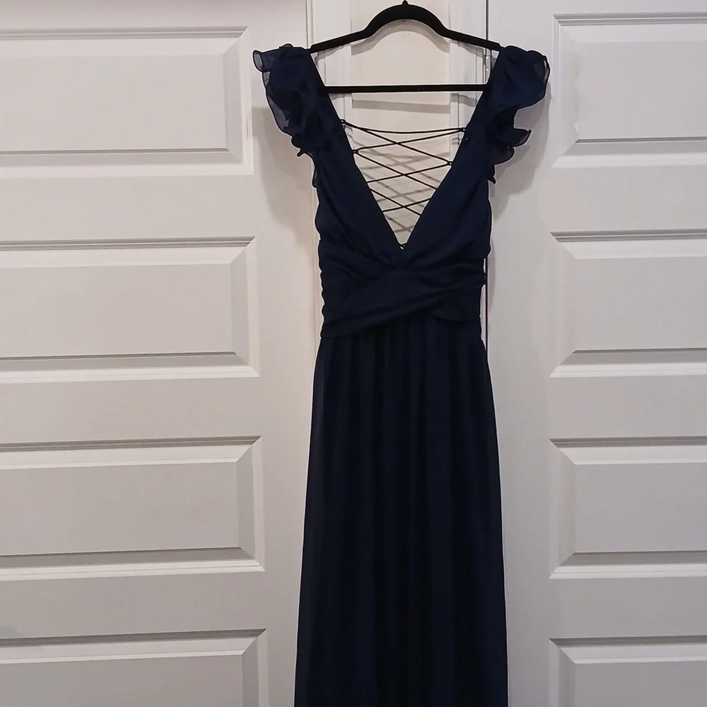 New Lulus Soiree Celebration Navy Blue Ruffled Lace Up Back Maxi Dress Size XL - Picture 3 of 10